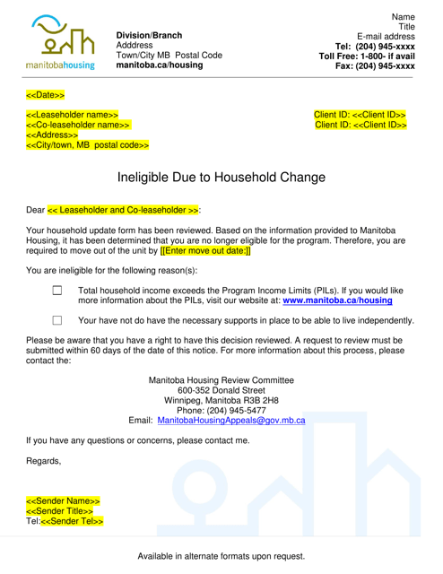 Ineligible Due to Household Change Letter - Manitoba, Canada Download Pdf