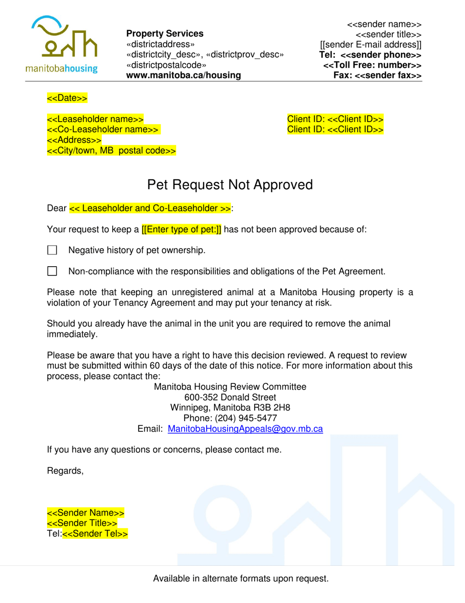 Pet Request Not Approved Letter - Manitoba, Canada, Page 1