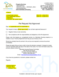 Document preview: Pet Request Not Approved Letter - Manitoba, Canada