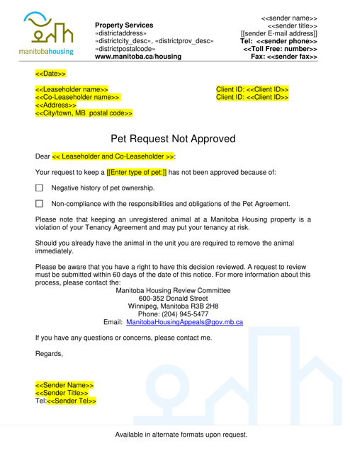 Pet Request Not Approved Letter - Manitoba, Canada Download Pdf