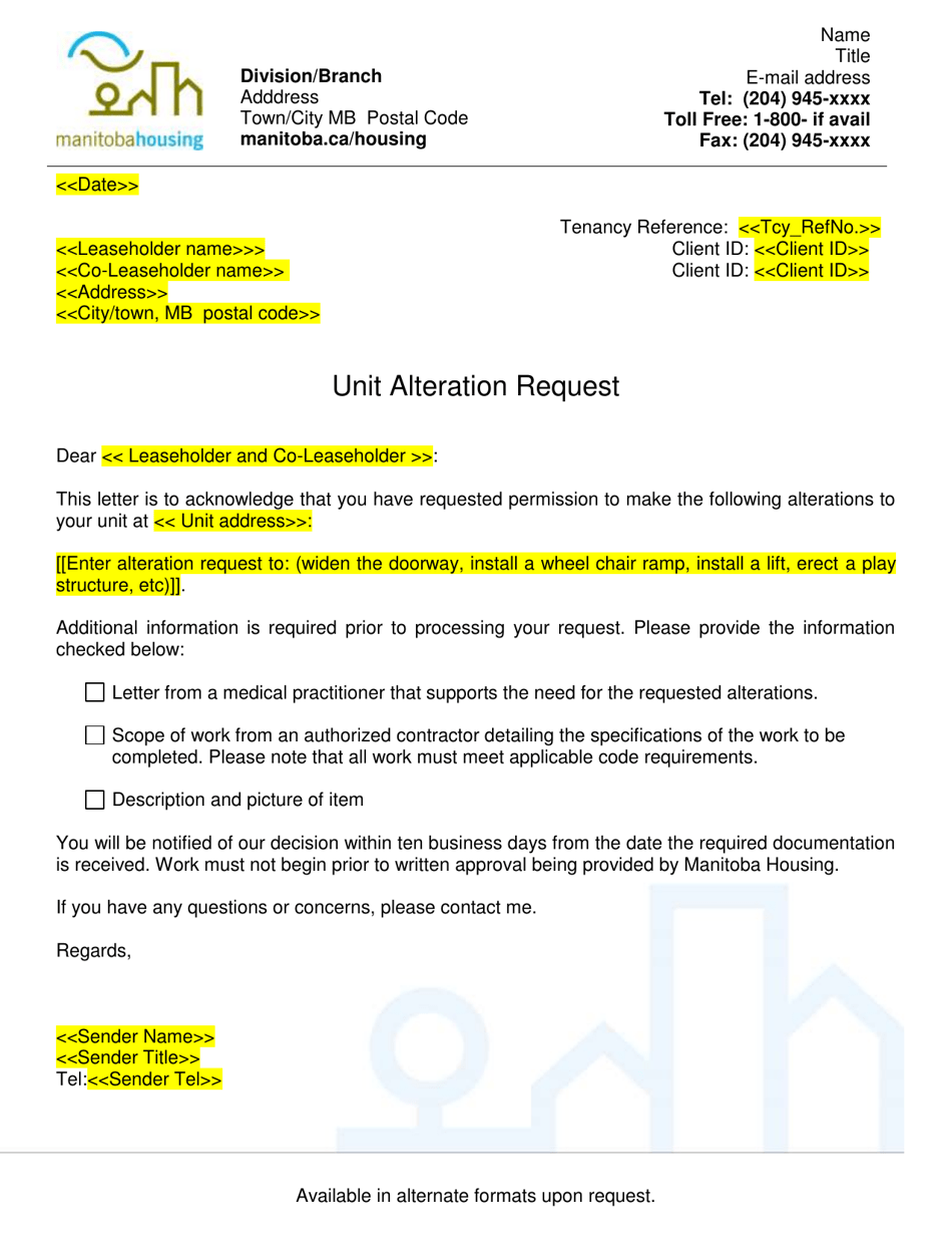 Unit Alterations Request Letter - Manitoba, Canada, Page 1