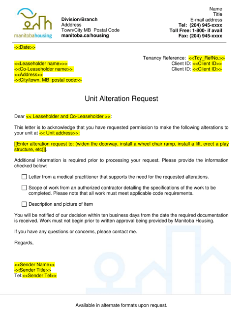 Unit Alterations Request Letter - Manitoba, Canada Download Pdf