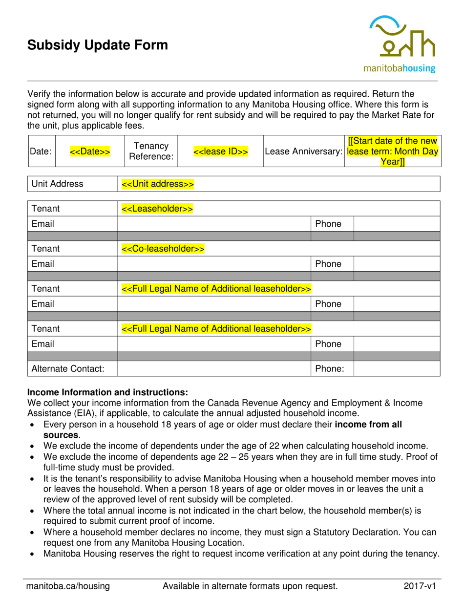 Subsidy Update Form - Manitoba, Canada, Page 1