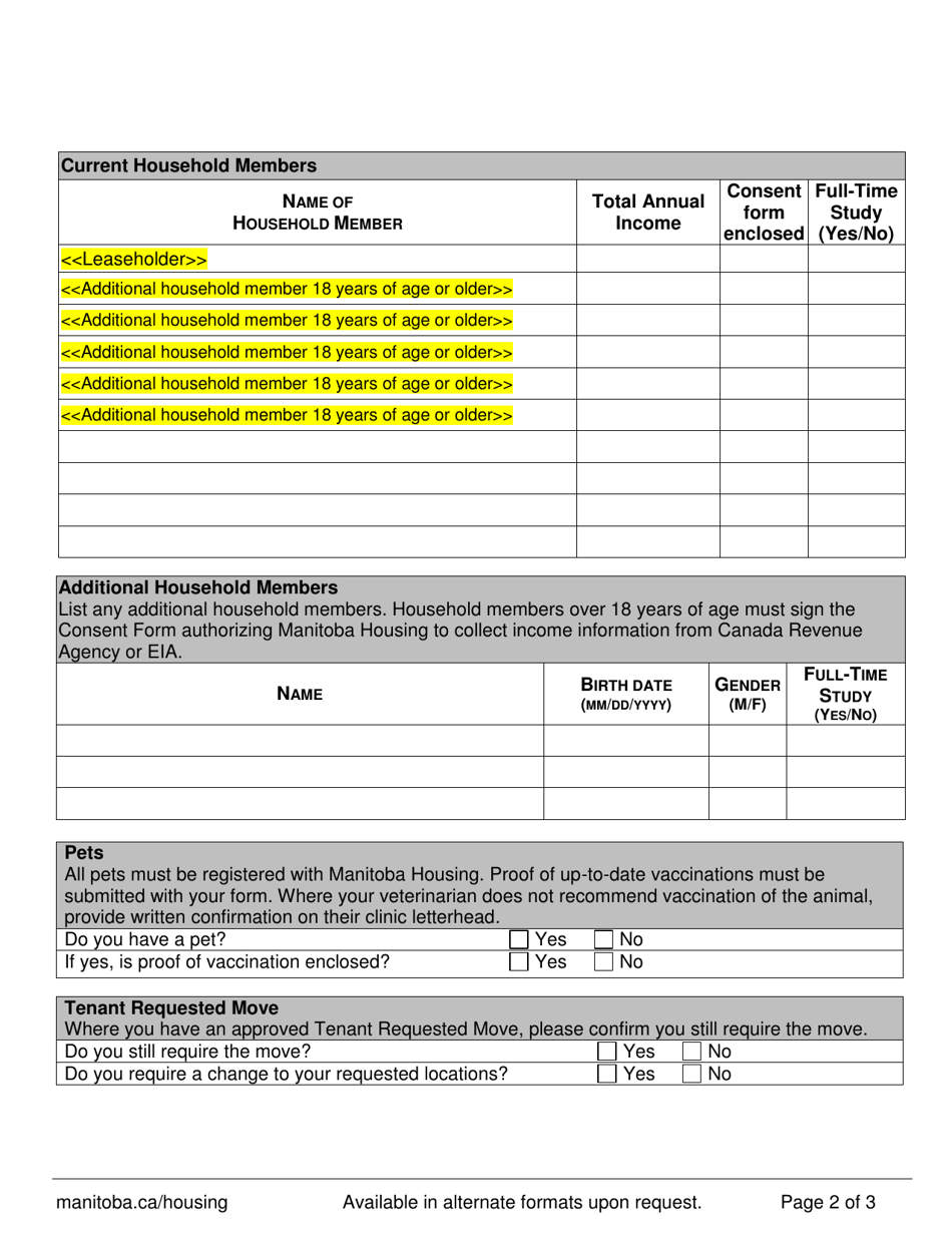 Subsidy Update Form - Manitoba, Canada, Page 2
