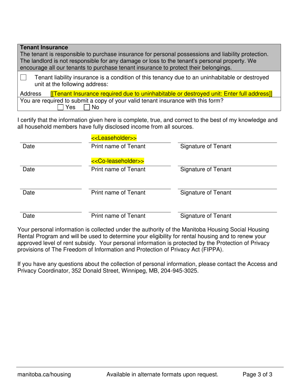 Subsidy Update Form - Manitoba, Canada, Page 3