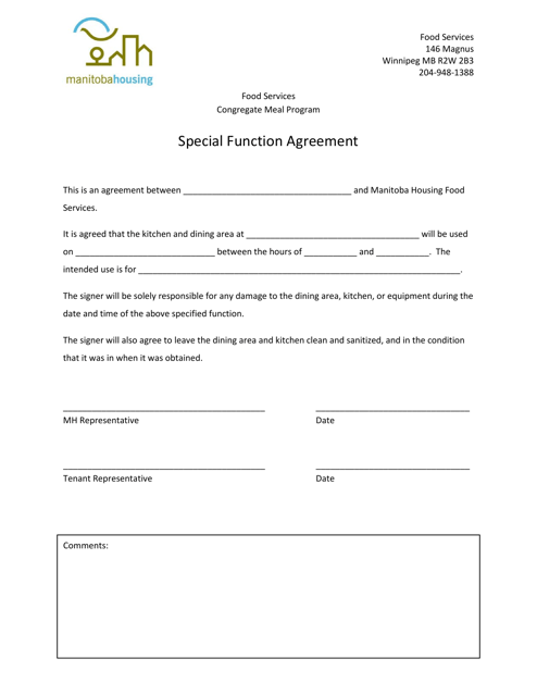Food Services Special Function Agreement - Manitoba, Canada Download Pdf