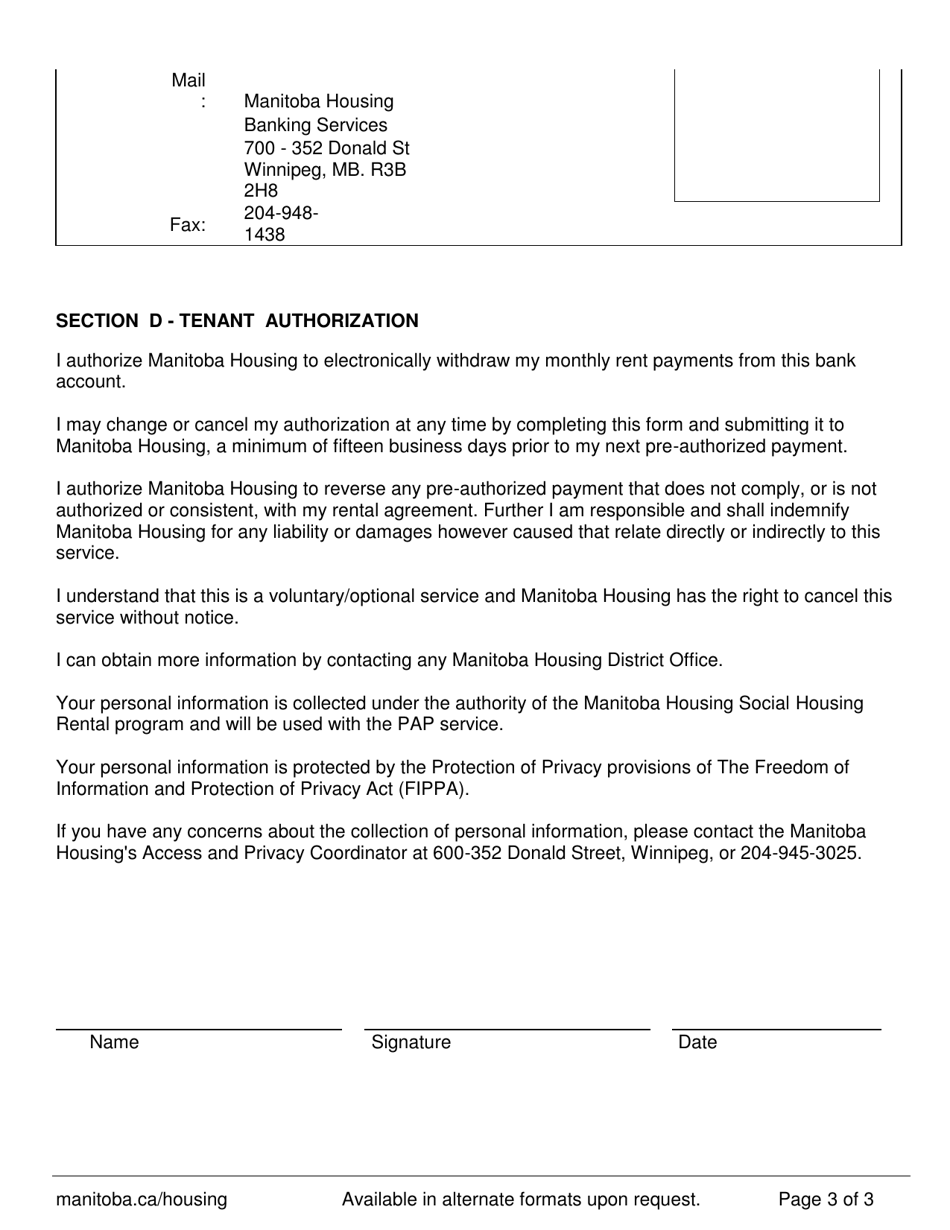 Pre-authorized Payment (Pap) Agreement - Manitoba, Canada, Page 3