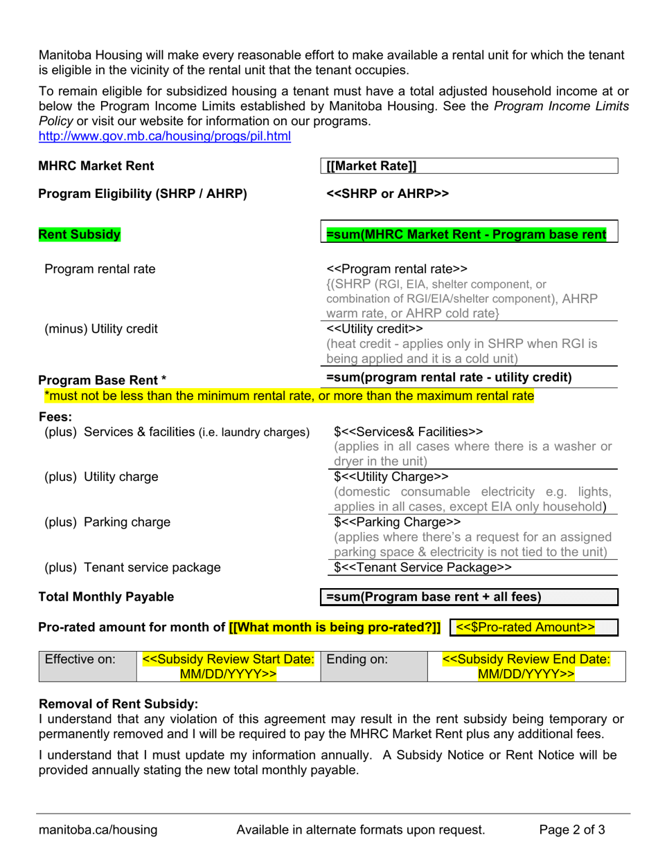 Schedule A Subsidy Agreement (Addendum to Tenancy Agreement) - Manitoba, Canada, Page 2