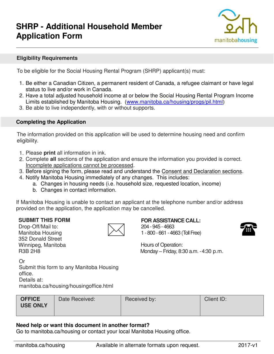 Shrp - Additional Household Member Application Form - Manitoba, Canada, Page 1