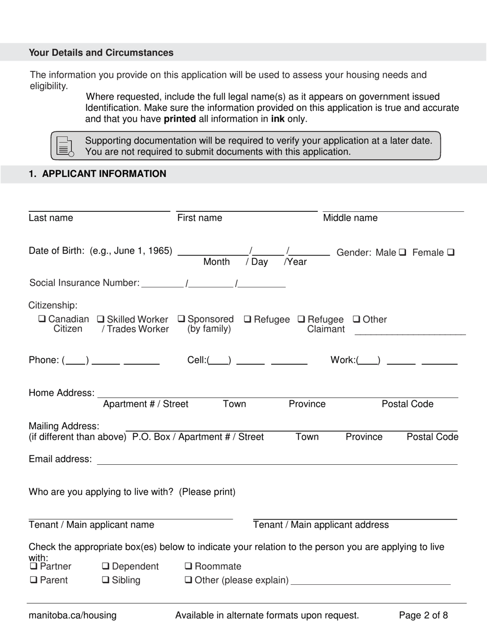 Shrp - Additional Household Member Application Form - Manitoba, Canada, Page 2