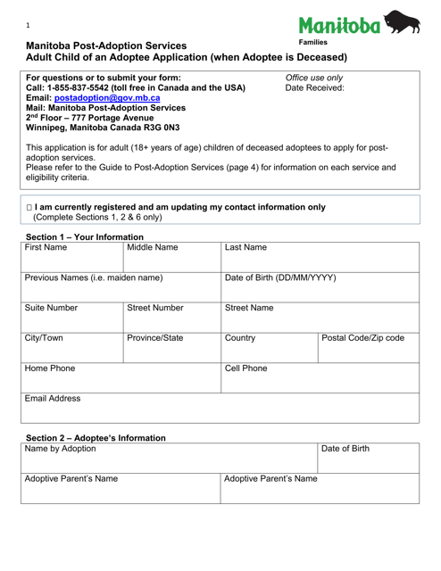 Manitoba Post-adoption Services Adult Child of an Adoptee Application (When Adoptee Is Deceased) - Manitoba, Canada