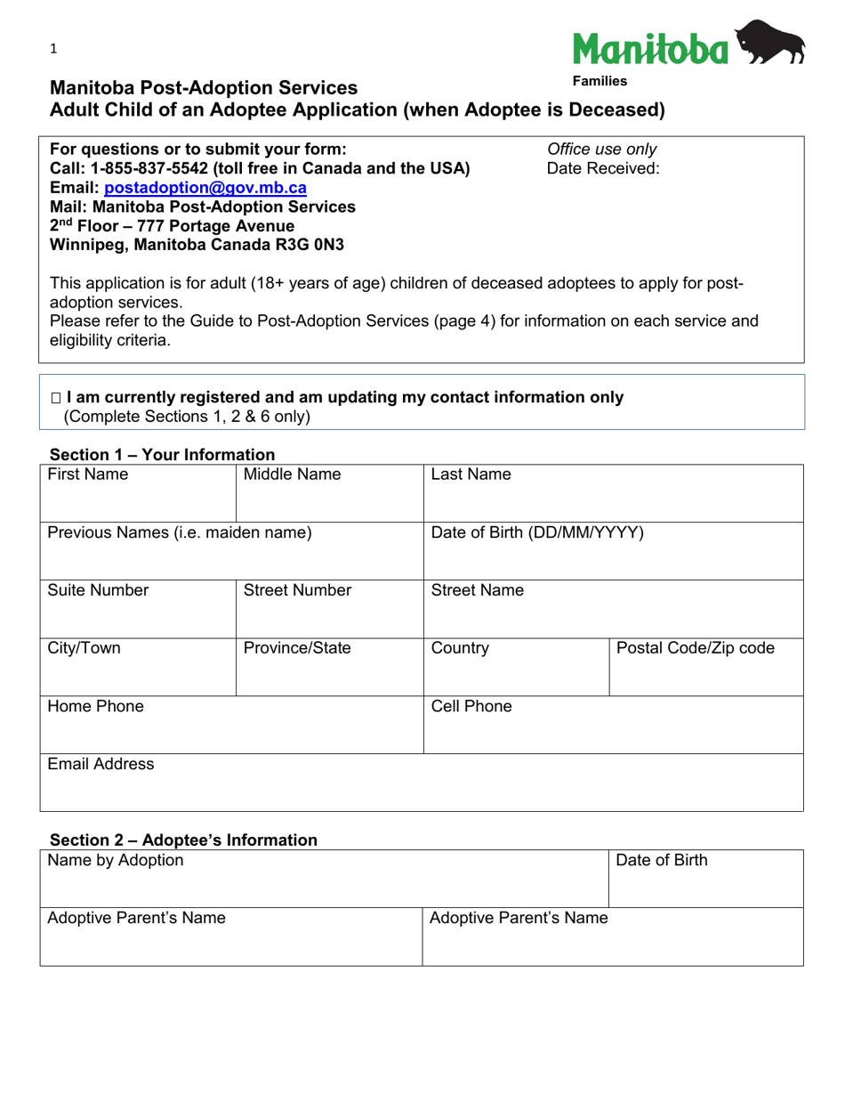 Manitoba Post-adoption Services Adult Child of an Adoptee Application (When Adoptee Is Deceased) - Manitoba, Canada, Page 1