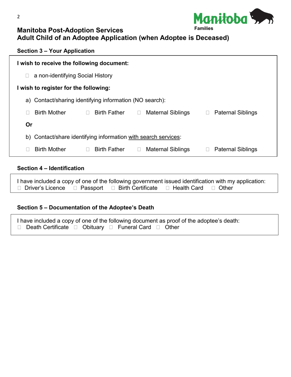 Manitoba Post-adoption Services Adult Child of an Adoptee Application (When Adoptee Is Deceased) - Manitoba, Canada, Page 2