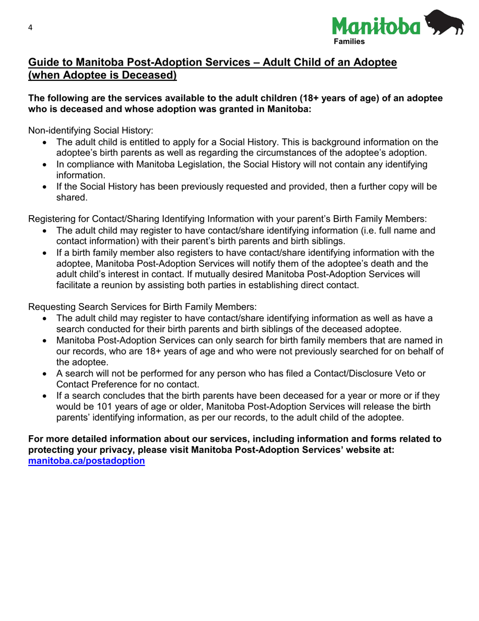 Manitoba Post-adoption Services Adult Child of an Adoptee Application (When Adoptee Is Deceased) - Manitoba, Canada, Page 4