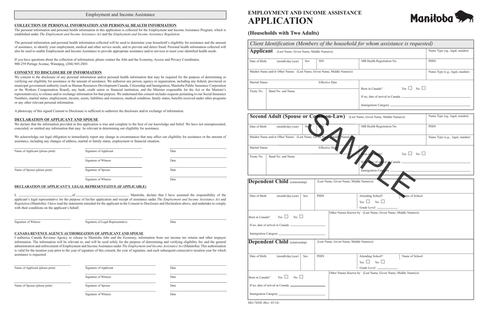 Form MG-7426E Employment and Income Assistance Application (Households With Two Adults) - Sample - Manitoba, Canada