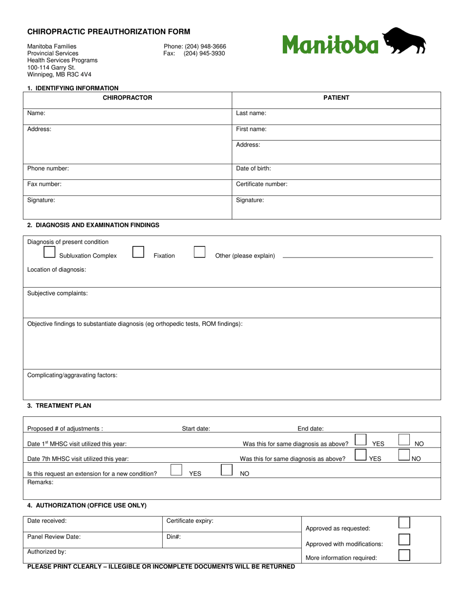 Chiropractic Preauthorization Form - Manitoba, Canada, Page 1