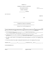 Form AA-11 Consent of Child to Adoption - Manitoba, Canada