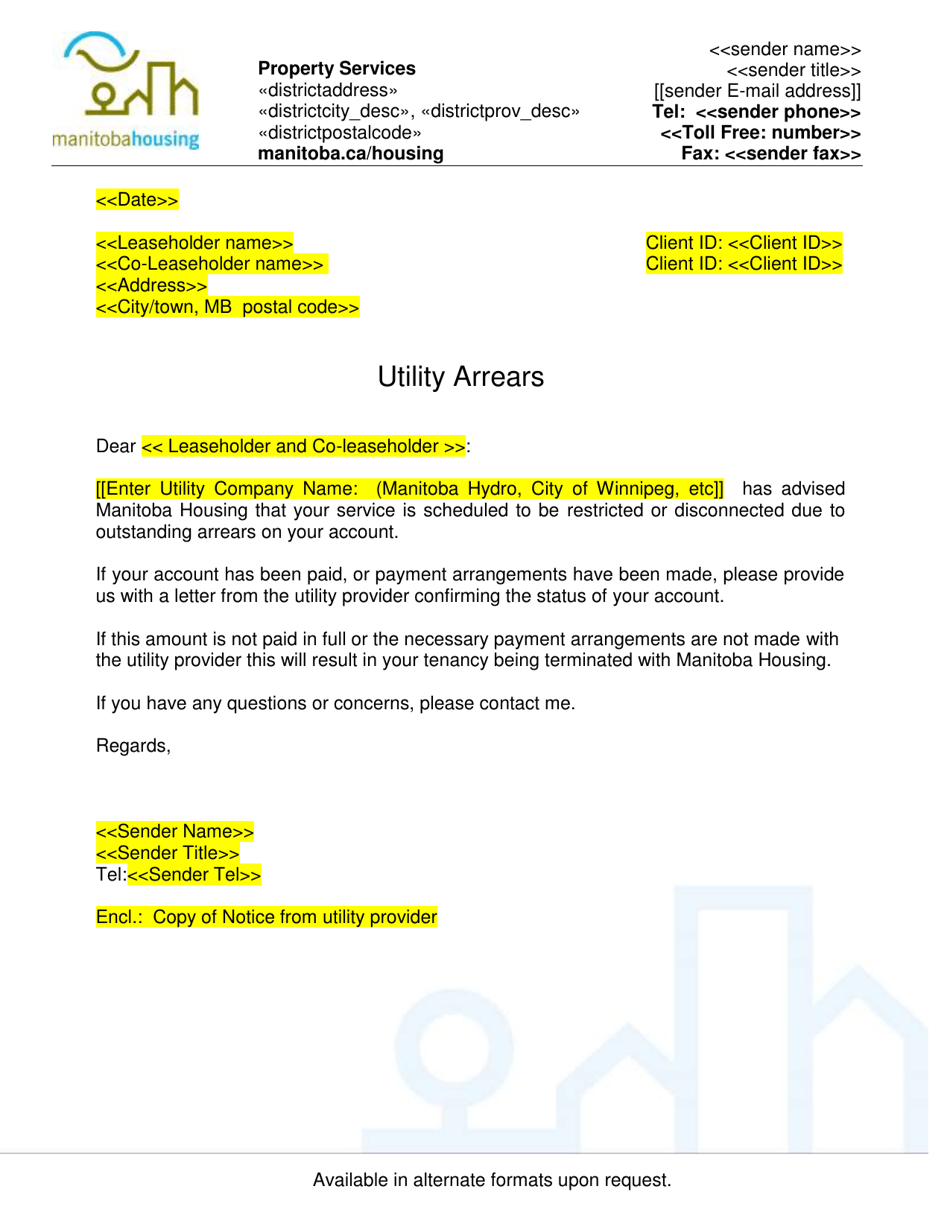 Utility Arrears Letter - Manitoba, Canada, Page 1