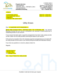 Document preview: Utility Arrears Letter - Manitoba, Canada