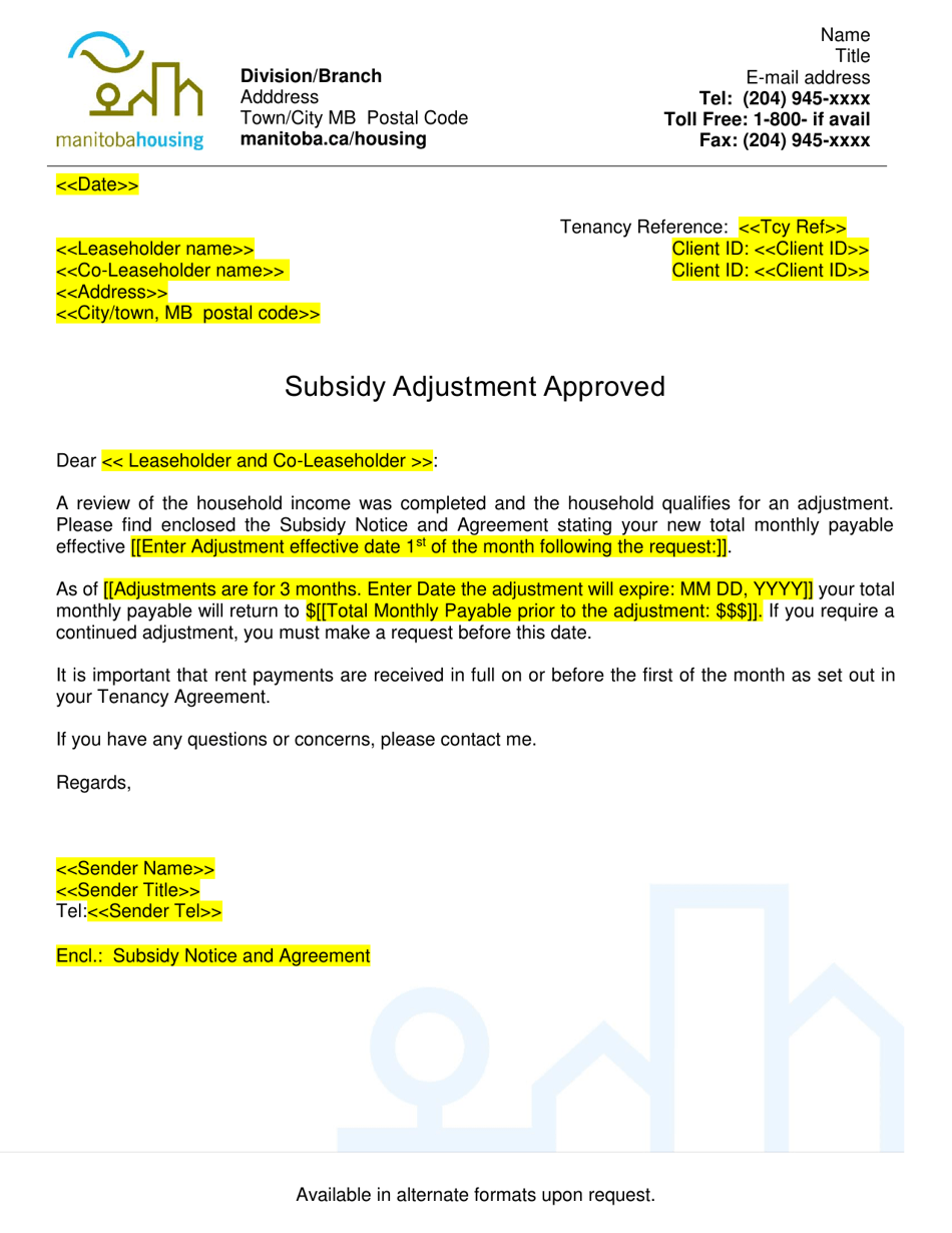Subsidy Adjustment Letter - Approved - Manitoba, Canada, Page 1