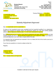 Document preview: Subsidy Adjustment Letter - Approved - Manitoba, Canada