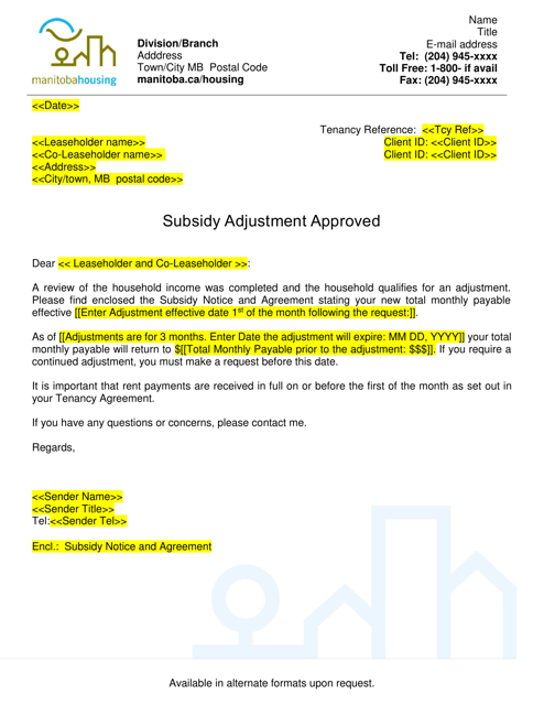 Subsidy Adjustment Letter - Approved - Manitoba, Canada Download Pdf