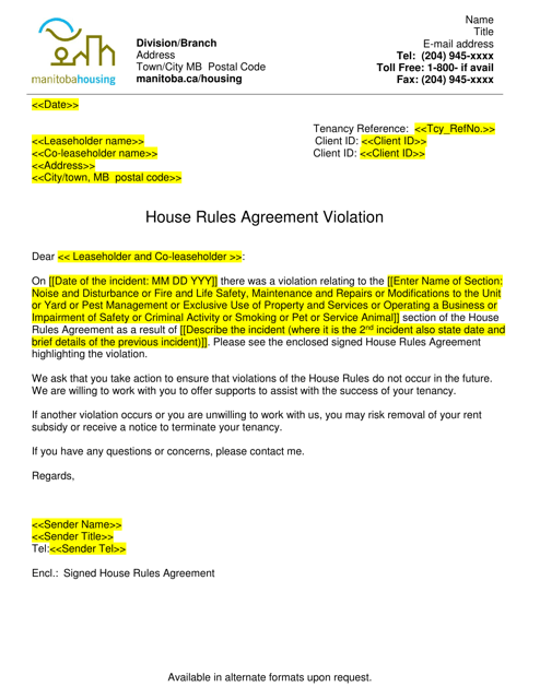 House Rules Agreement Violation Letter - Manitoba, Canada Download Pdf