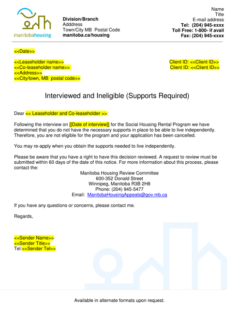 Interviewed and Ineligible (Supports Required) Letter - Manitoba, Canada Download Pdf
