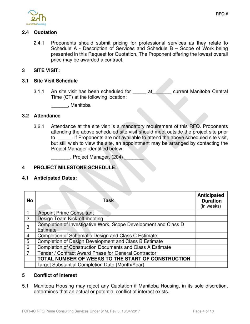 Form FOR-4C Request for Quotation - Prime Consulting Services - Sample - Manitoba, Canada, Page 4