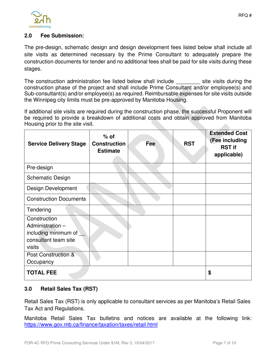 Form FOR-4C Request for Quotation - Prime Consulting Services - Sample - Manitoba, Canada, Page 7