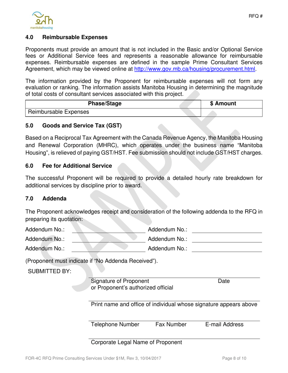 Form FOR-4C Request for Quotation - Prime Consulting Services - Sample - Manitoba, Canada, Page 8