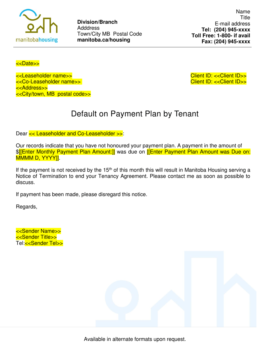 Default on Payment Plan by Tenant Letter - Manitoba, Canada, Page 1