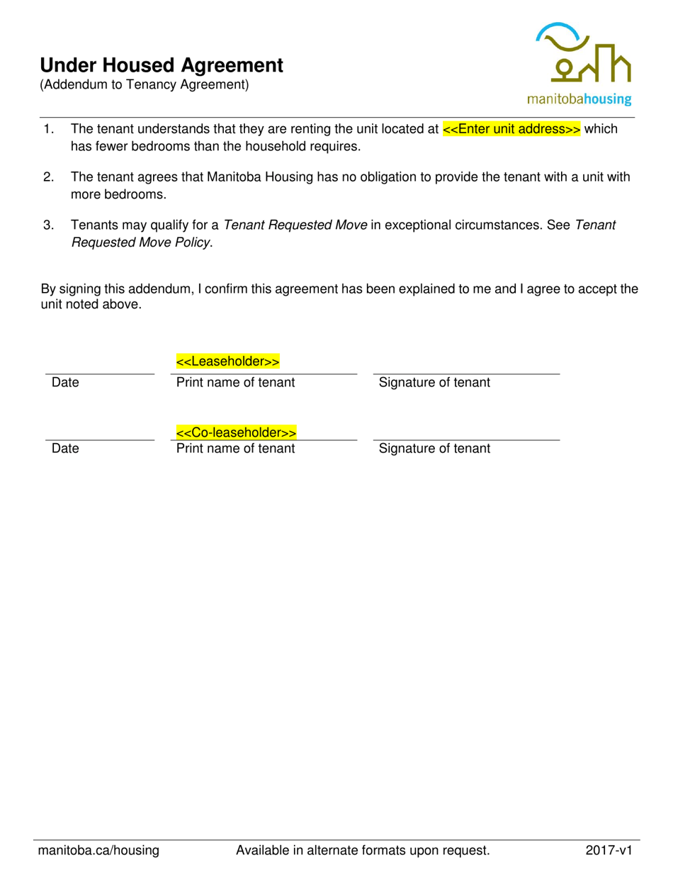 Under Housed Agreement (Addendum to Tenancy Agreement) - Manitoba, Canada, Page 1