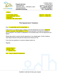 Document preview: Pet Agreement Violation Letter - Manitoba, Canada