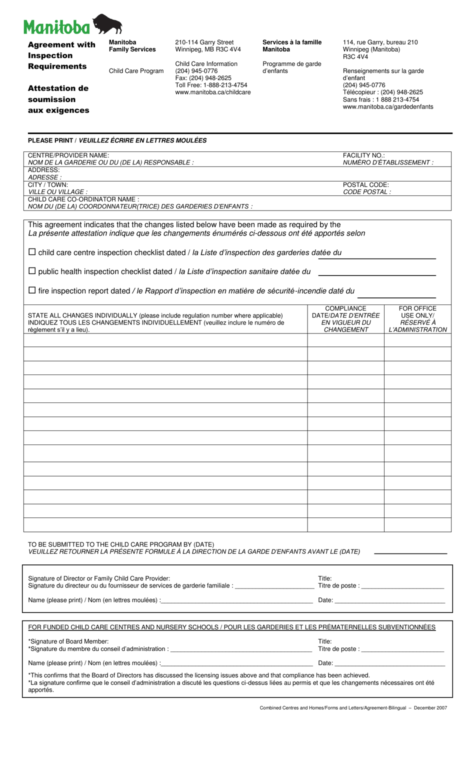 Agreement With Inspection Requirements - Manitoba, Canada (English / French), Page 1