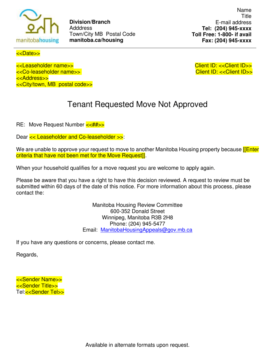 Tenant Requested Move Not Approved Letter - Manitoba, Canada, Page 1