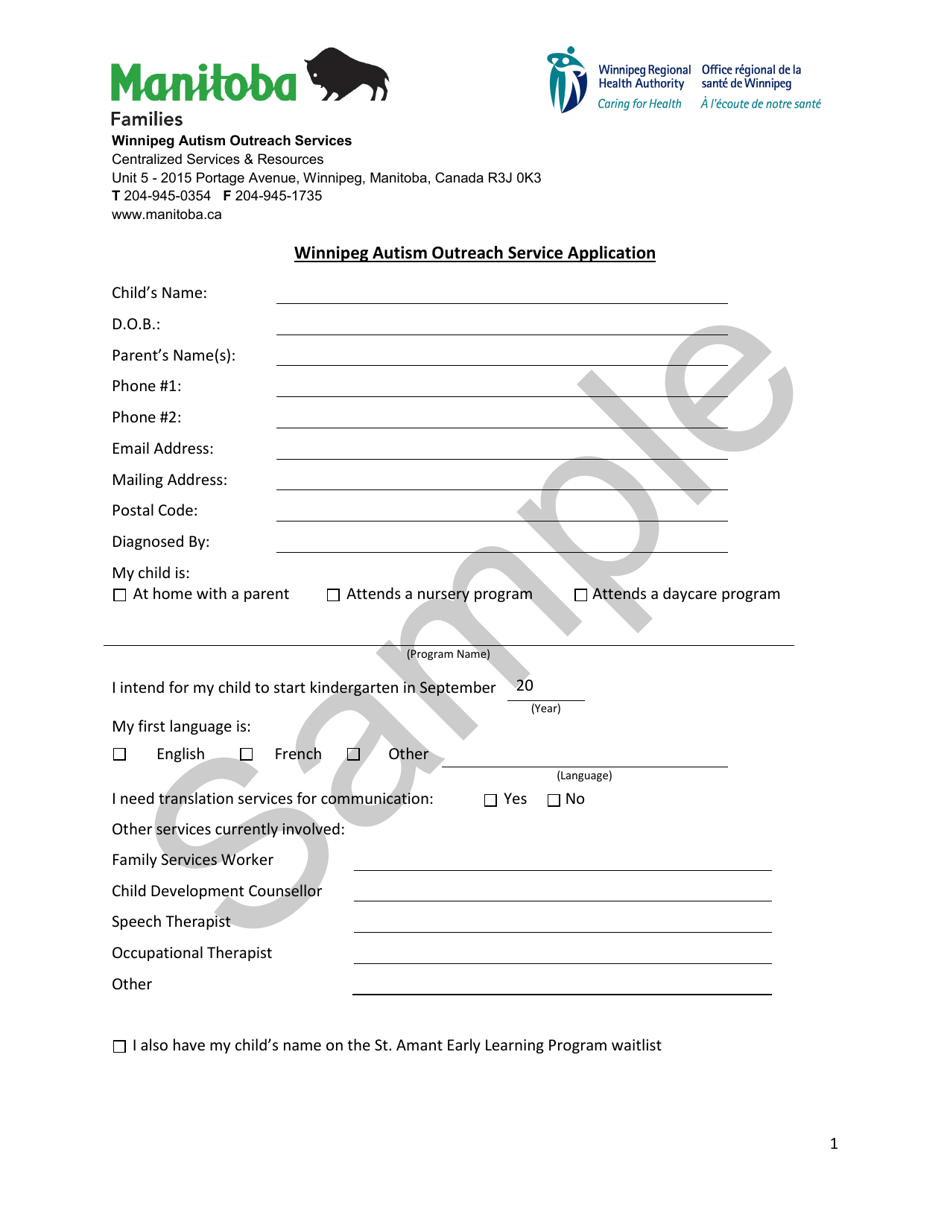 Winnipeg Autism Outreach Service Application - Sample - Manitoba, Canada, Page 1