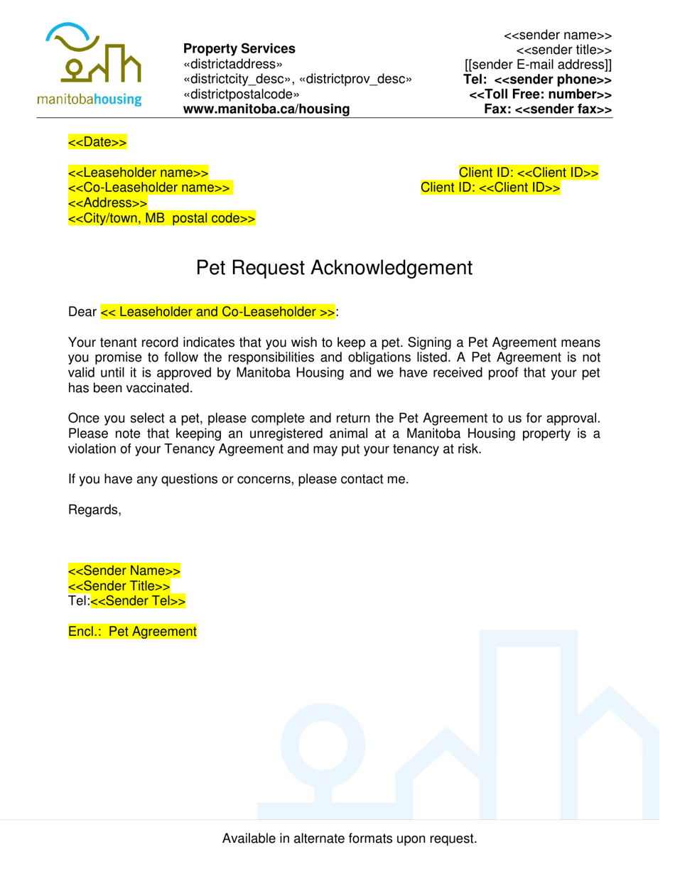 Pet Request Acknowledgment Letter - Manitoba, Canada, Page 1