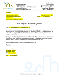 Document preview: Pet Request Acknowledgment Letter - Manitoba, Canada