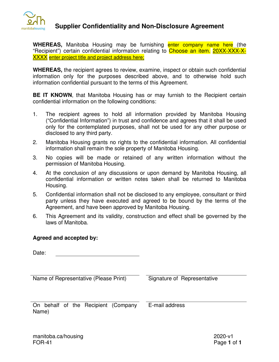 Form FOR-41 Supplier Confidentiality and Non-disclosure Agreement - Manitoba, Canada, Page 1