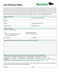Document preview: Fair Practices Office Complaint (Intake) Form - Manitoba, Canada