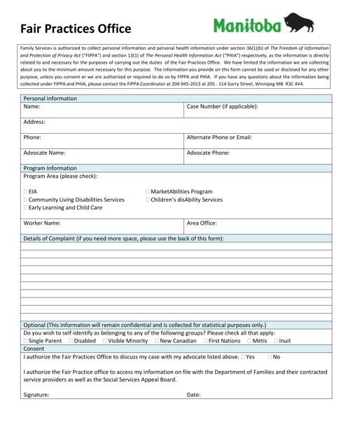 Fair Practices Office Complaint (Intake) Form - Manitoba, Canada