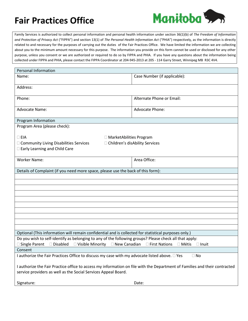 Fair Practices Office Complaint (Intake) Form - Manitoba, Canada, Page 1