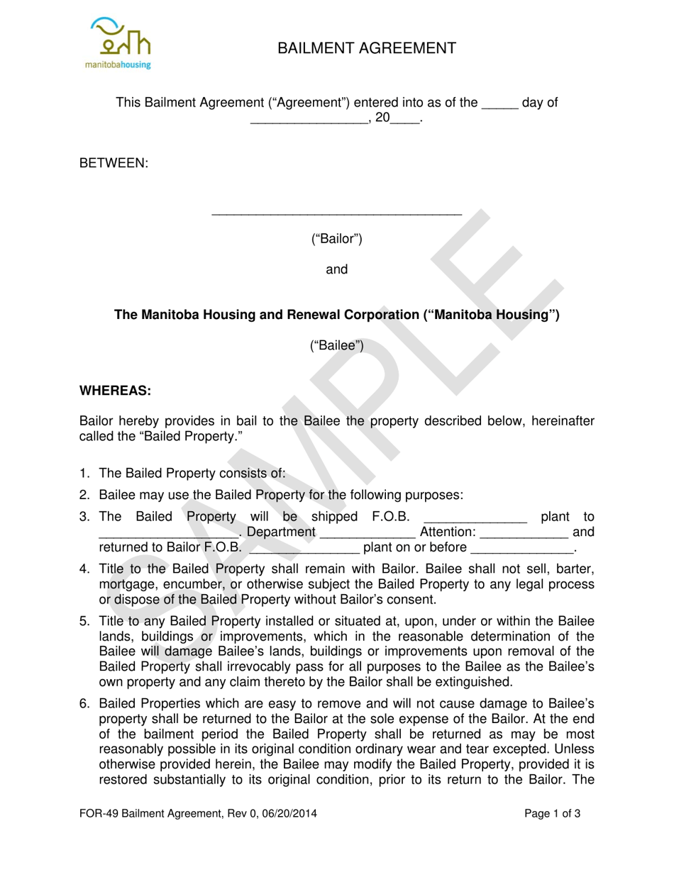 Form FOR-49 Bailment Agreement - Sample - Manitoba, Canada, Page 1