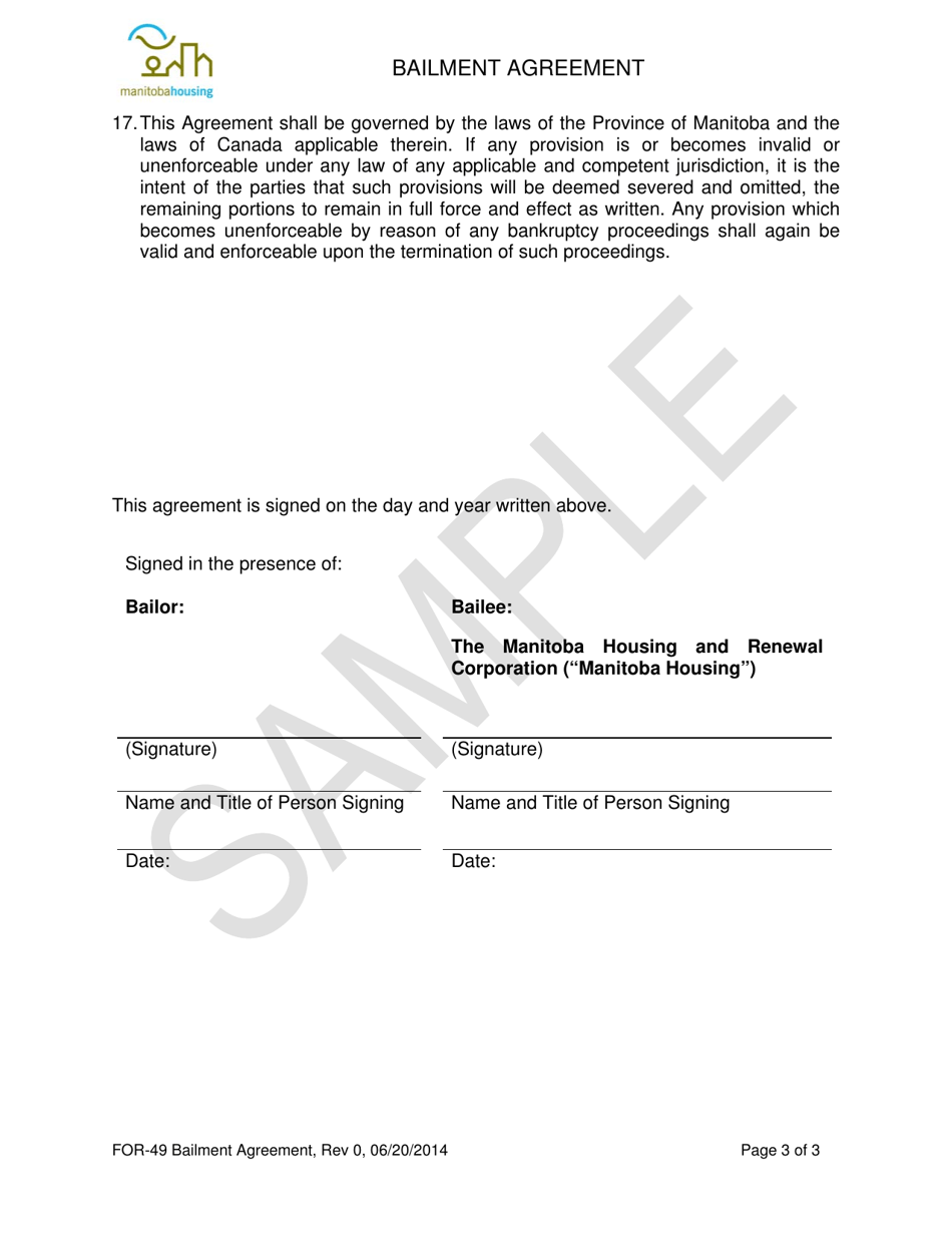 Form FOR49 Download Printable PDF or Fill Online Bailment Agreement