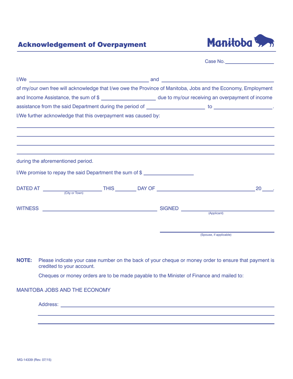 Form MG-14339 Acknowledgement of Overpayment - Manitoba, Canada, Page 1