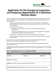 Document preview: Application for the Emergency Suspension and Temporary Appointment of a Substitute Decision Maker - Manitoba, Canada (English/French)