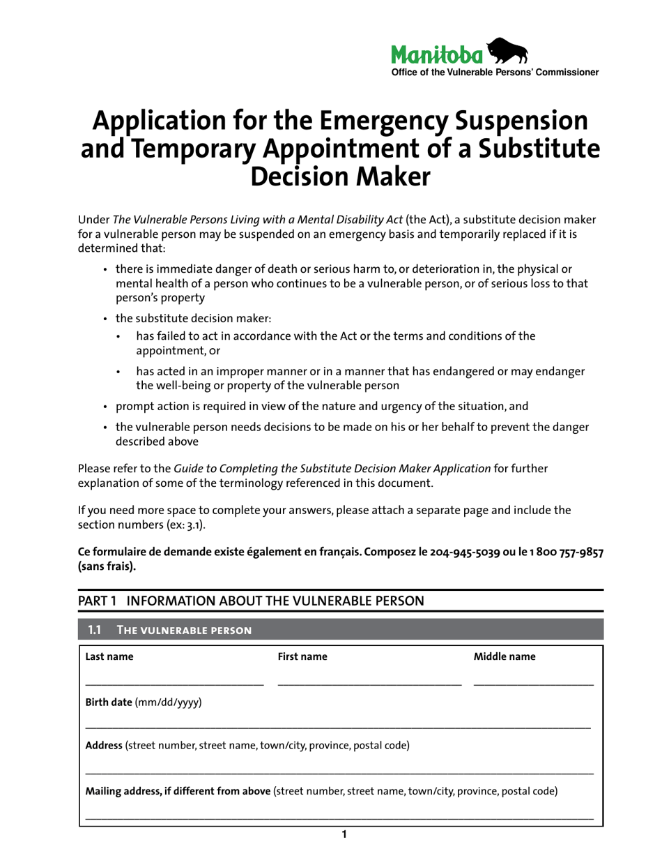 Application for the Emergency Suspension and Temporary Appointment of a Substitute Decision Maker - Manitoba, Canada (English / French), Page 1