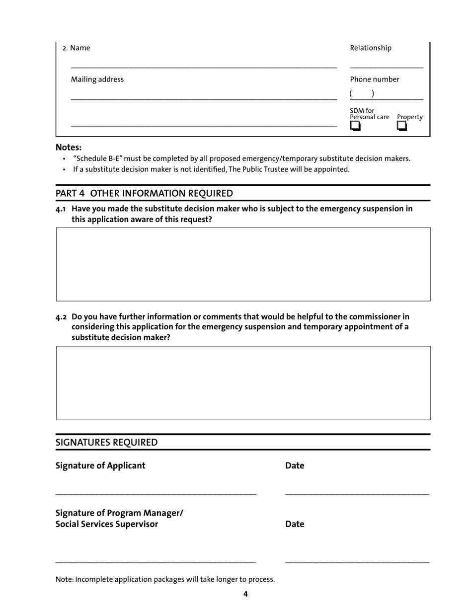 Application for the Emergency Suspension and Temporary Appointment of a Substitute Decision Maker - Manitoba, Canada (English / French), Page 4
