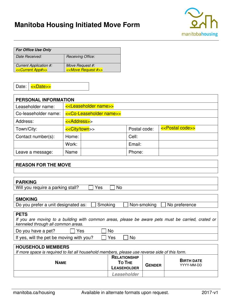 Manitoba Canada Manitoba Housing Initiated Move Form Fill Out, Sign